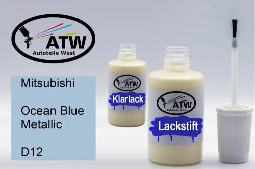 Mitsubishi, Ocean Blue Metallic, D12: 20ml Lackstift + 20ml Klarlack - Set, von ATW Autoteile West.